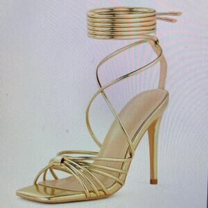 New Elisabet Lang ElegantGold StrappyHeeledSandals LaceUp 4” StilettosSquare 9.5